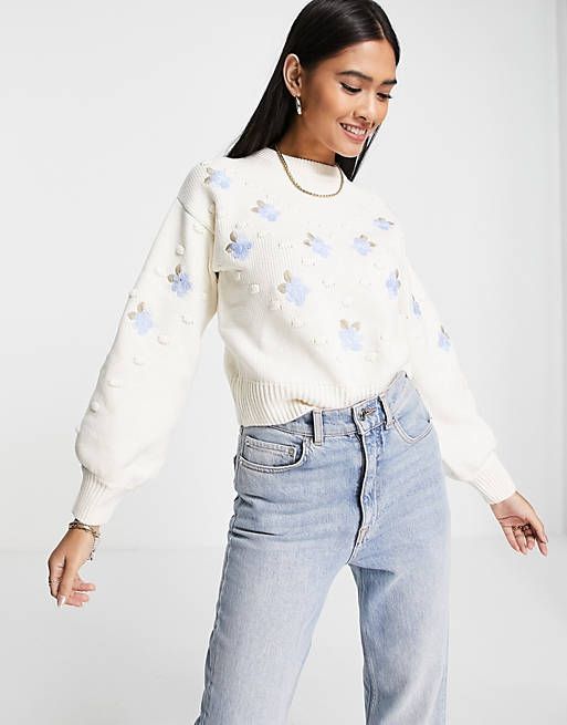 Fashion Union high neck cropped jumper with floral embroidery