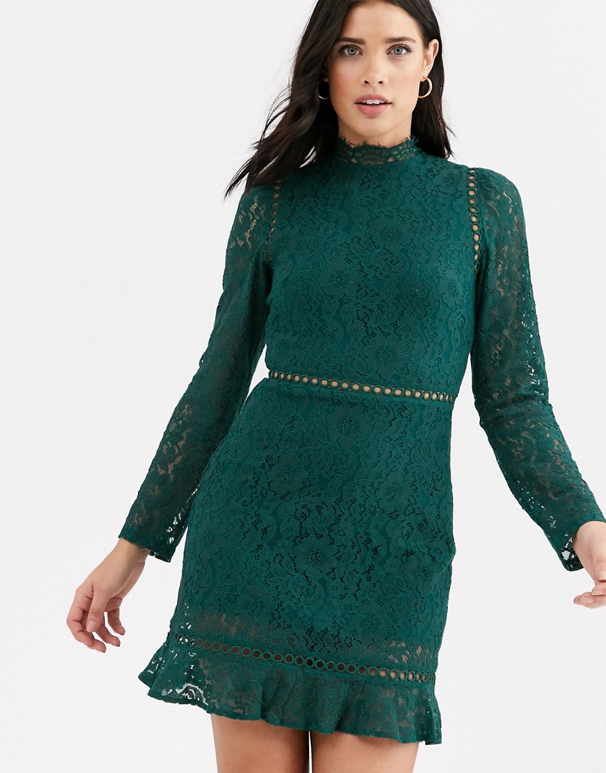 Fashion Union high neck lace dress with flippy hem-Green
