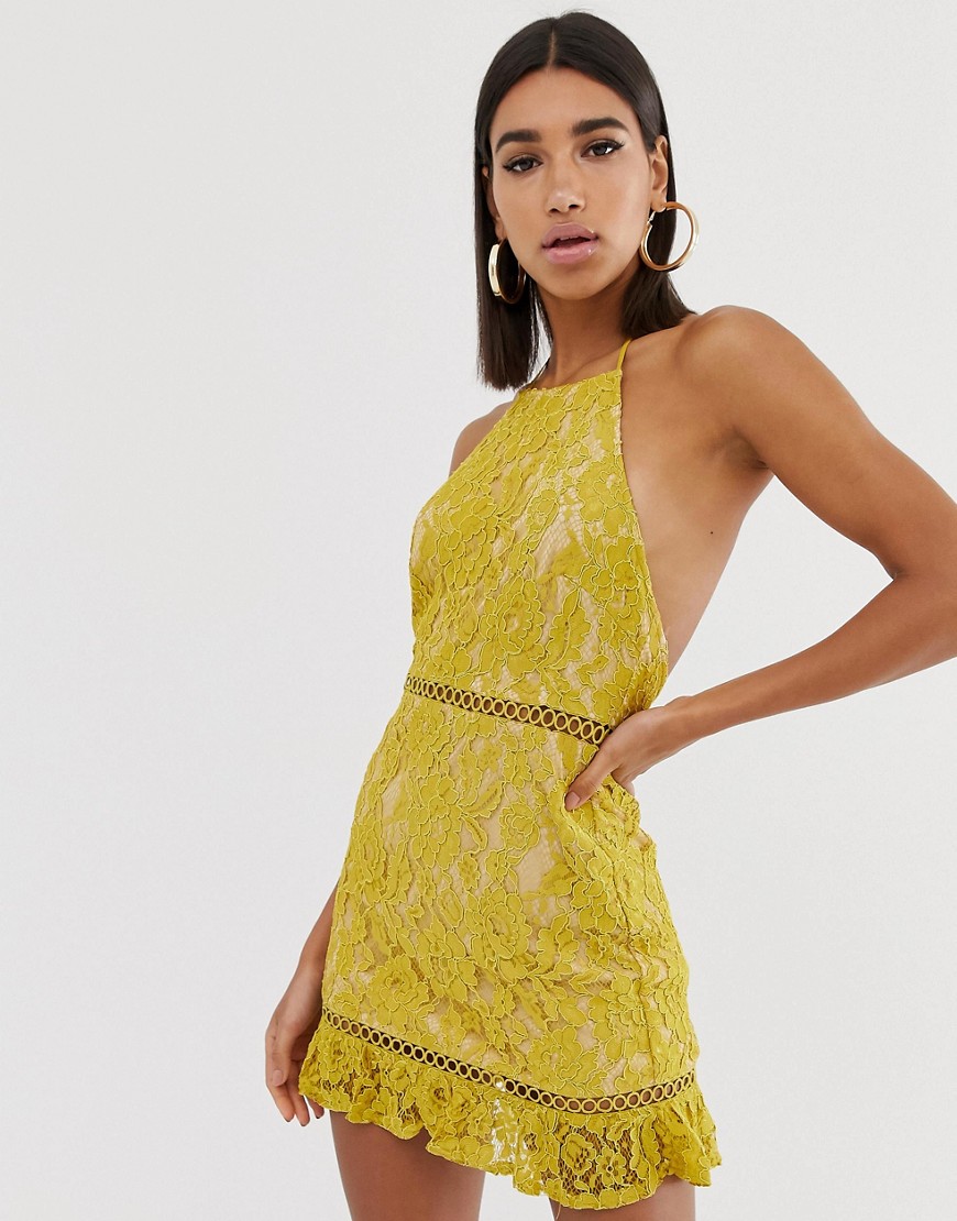 Fashion Union high neck lace dress with low back-Yellow