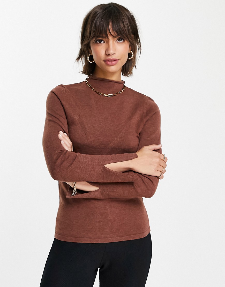 Fashion Union high neck ribbed sweater with bust seam detail-Brown