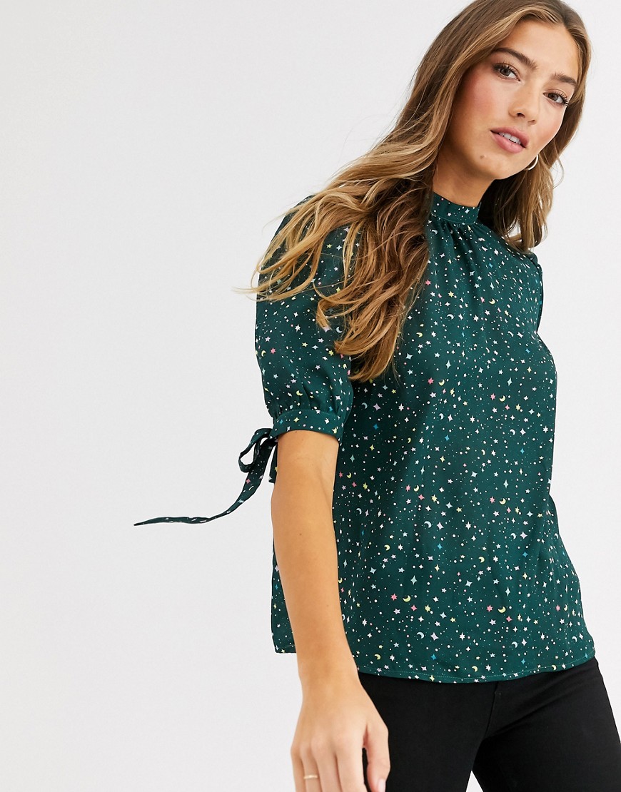 Fashion Union high neck top with tie sleeve detail-Green