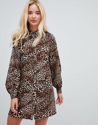 Fashion Union - Hoogsluitende overhemdjurk met luipaardprint-Multi