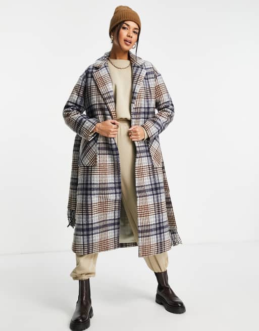 Fashion Union – Karierter Longline-Mantel aus einer Wollmischung mit Bindegürtel samt Quasten