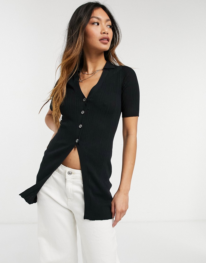 fashion union knit button front collar shirt co-ord-black
