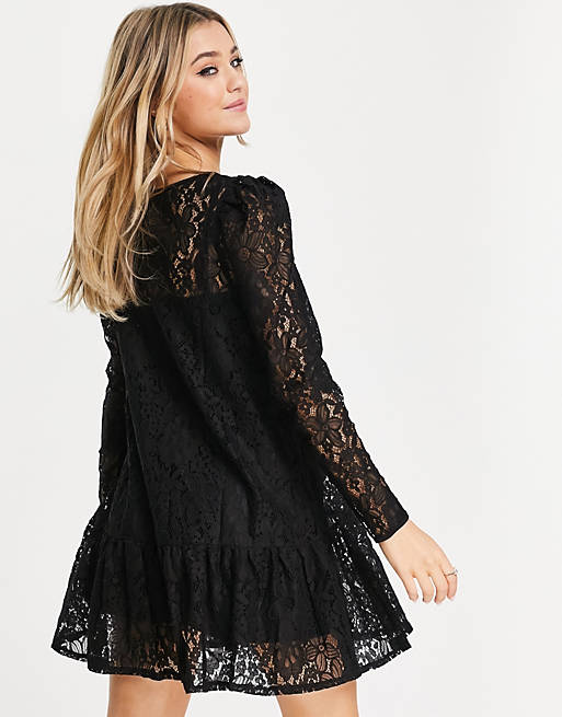  Fashion Union lace tiered mini smock dress in black 