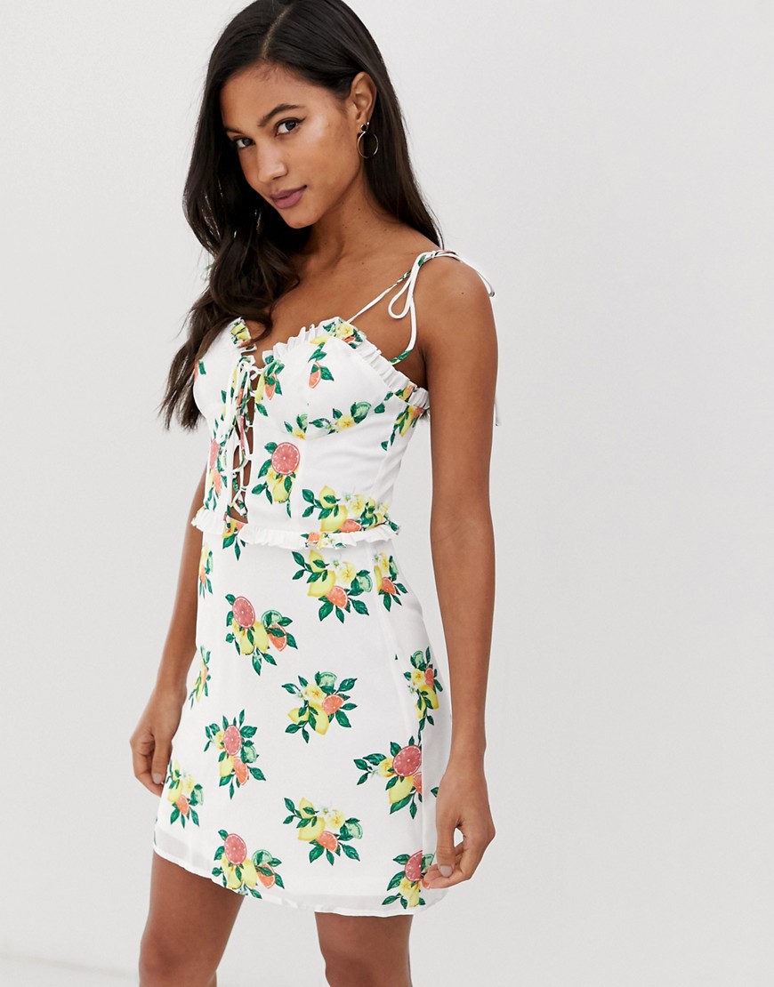 Fashion Union lace up cami dress in fruit print-White