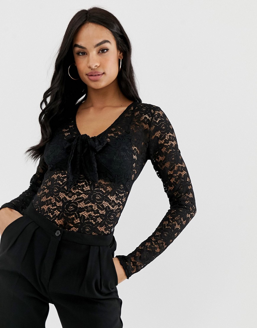 Fashion Union long sleeved lace top with pussybow-Black