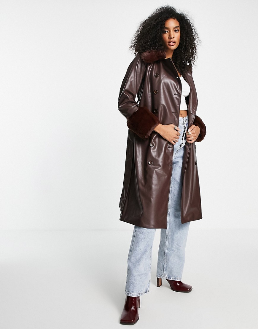 Fashion Union longline faux leather coat with contrast collar and cuffs-Brown