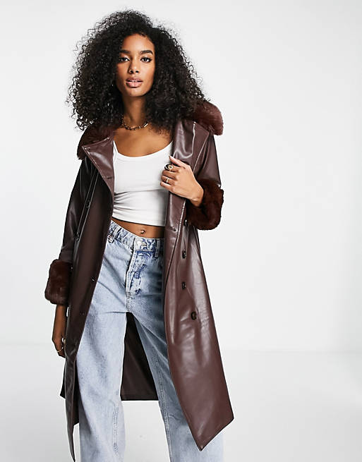 Coats & Jackets Fashion Union longline faux leather coat with contrast collar and cuffs 