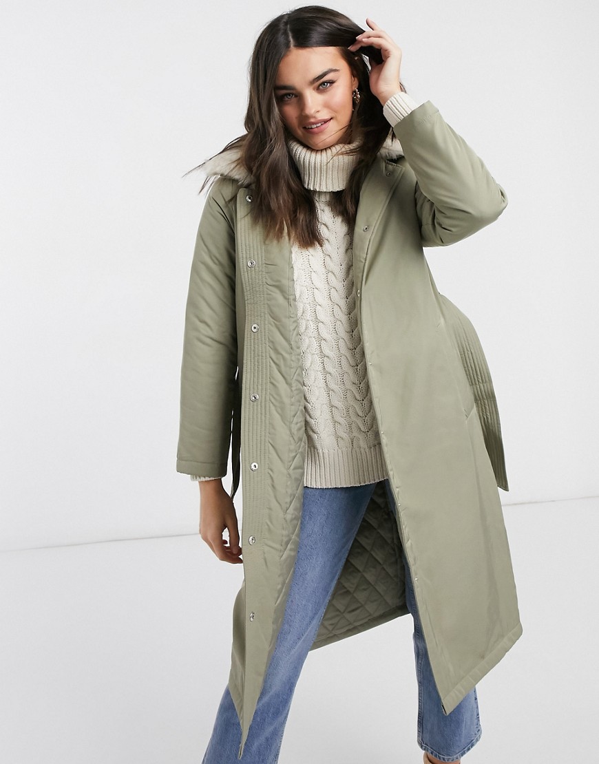 Fashion Union longline parka coat with faux fur trim and belt-Green