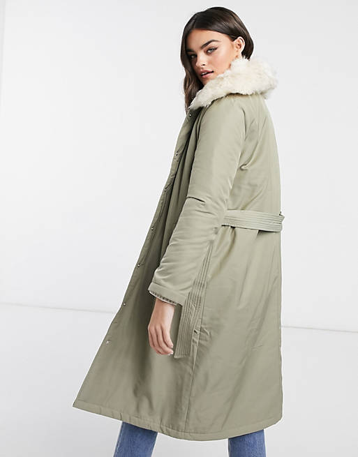 Women Fashion Union longline parka coat with faux fur trim and belt 