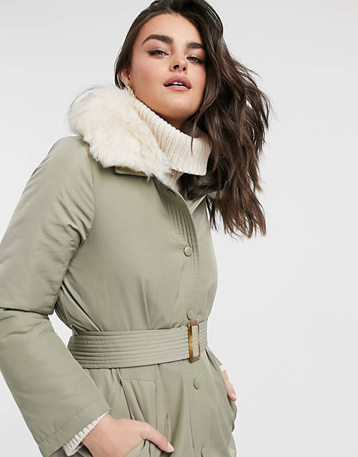 Women Fashion Union longline parka coat with faux fur trim and belt 