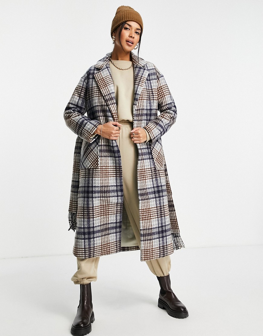 Fashion Union longline wool blend coat in check with tassle belt-Blues