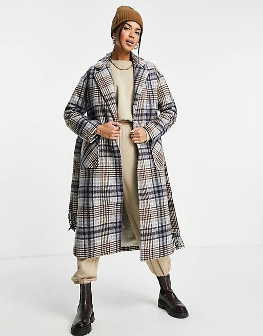  Fashion Union longline wool blend coat in check with tassle belt 