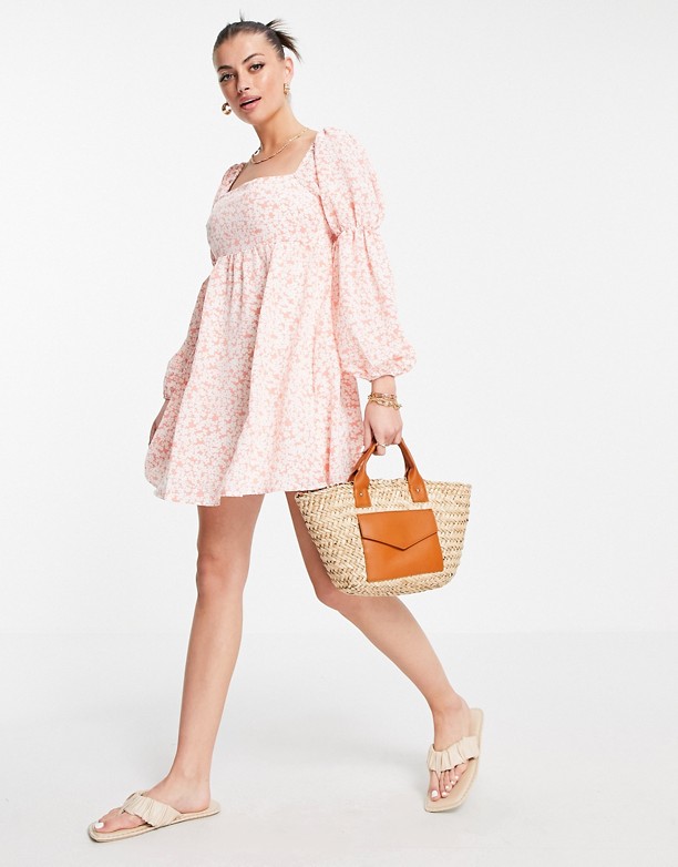  2021 Nowość Fashion Union – Luźna sukienka mini z bufkami i wzorem w kwiaty RÓżowe kwiaty