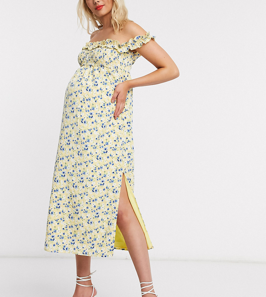 Fashion Union Maternity bardot maxi dress with split in floral print-Yellow