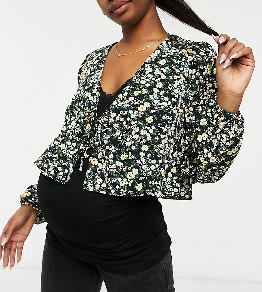 Fashion Union Maternity blouse with waist tie in micro floral-Black