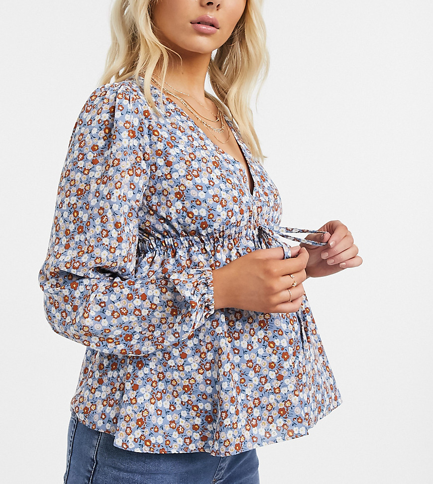 Fashion Union Maternity blouse with waist tie in two tone floral-Blue