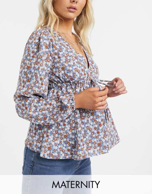 Fashion Union Maternity blouse with waist tie in two tone floral