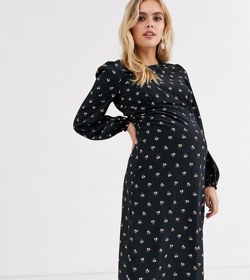 Fashion Union Maternity long sleeve tea dress in floral-Black