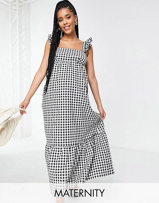 Women Fashion Union Maternity maxi beach dress with frill detail in gingham 