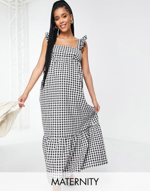 Fashion Union Maternity maxi beach summer dress with frill detail in gingham 