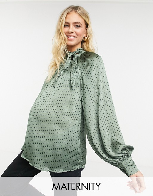 Fashion Union Maternity pussybow relaxed blouse with puff sleeves in diamond spot