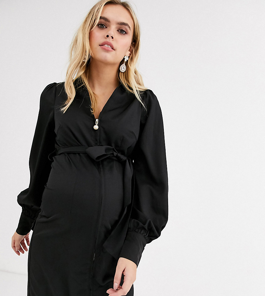 Fashion Union Maternity ribbed mini dress with faux pearl button zip in black