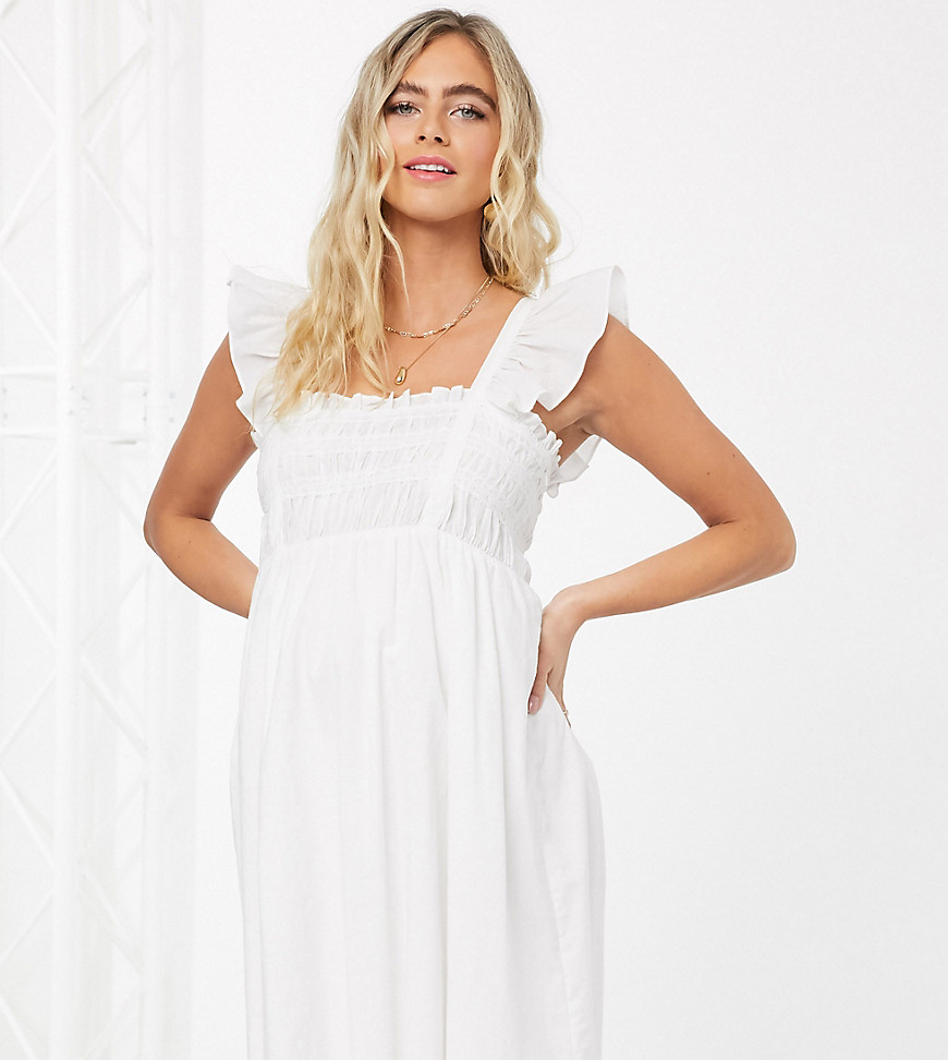Fashion Union Maternity ruched mini dress with ruffle sleeve-White