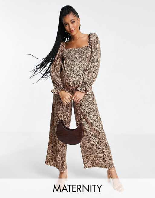 Fashion Union Maternity smocked jumpsuit in animal print ASOS