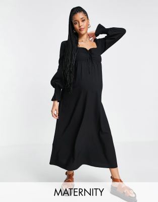 Fashion Union Maternity Fashion Union Maternity smocked long sleeve beach midi summer dress in black