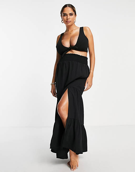  Fashion Union Maternity tiered beach skirt with split in black 