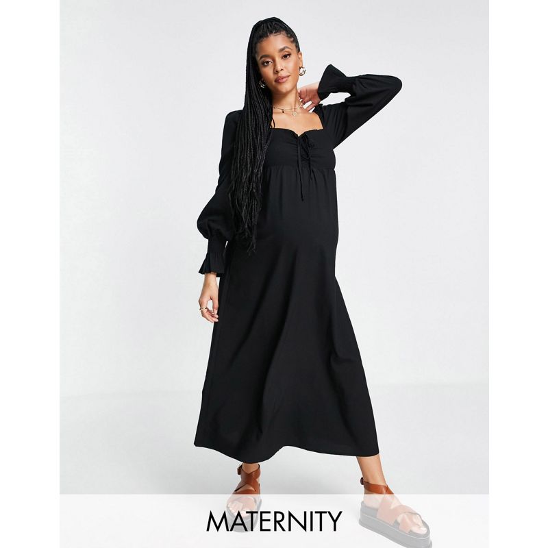 Donna fnFct Fashion Union Maternity - Vestito midi in punto smock da spiaggia a maniche lunghe nero