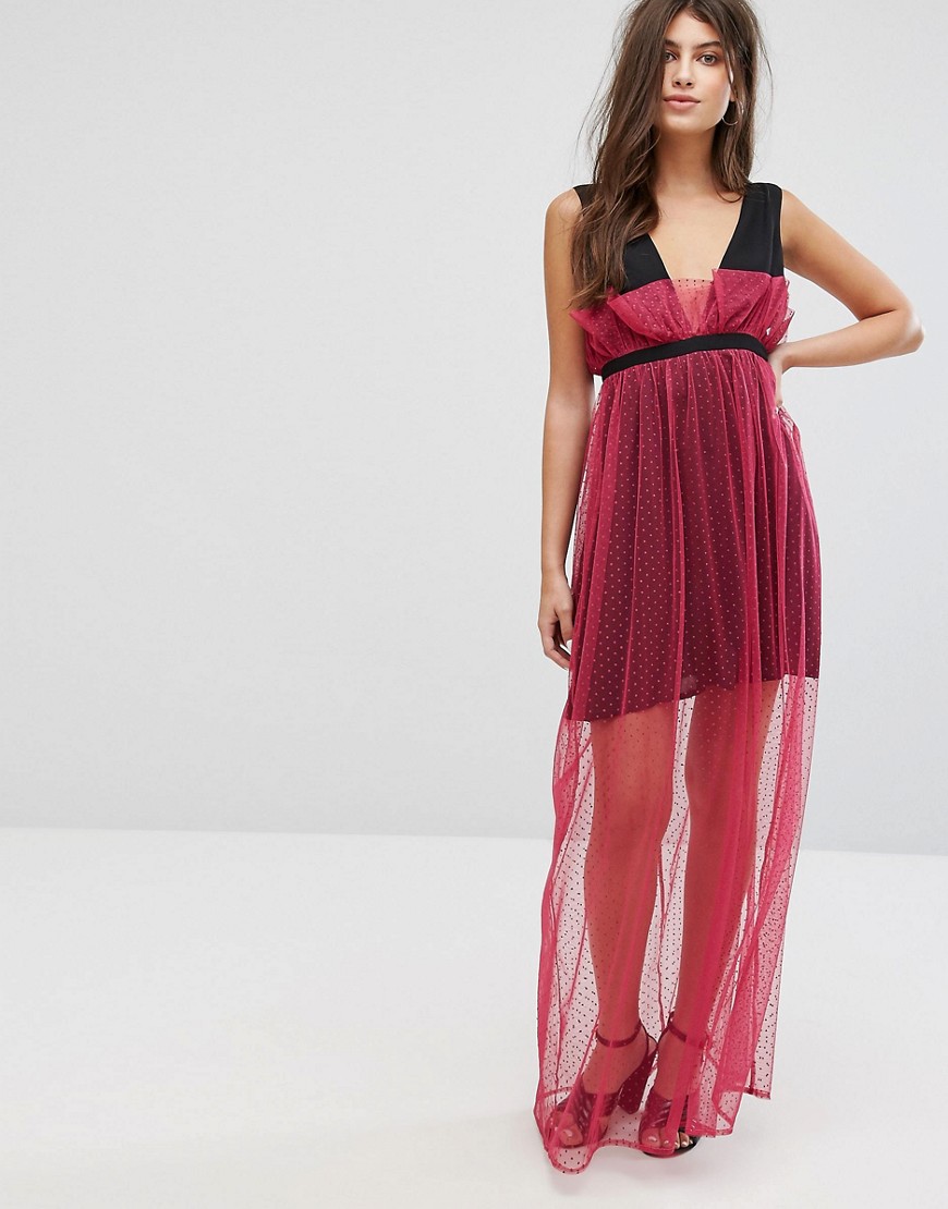 Fashion Union Maxi Dress With Sheer Metallic Spot Mesh Layer-Pink
