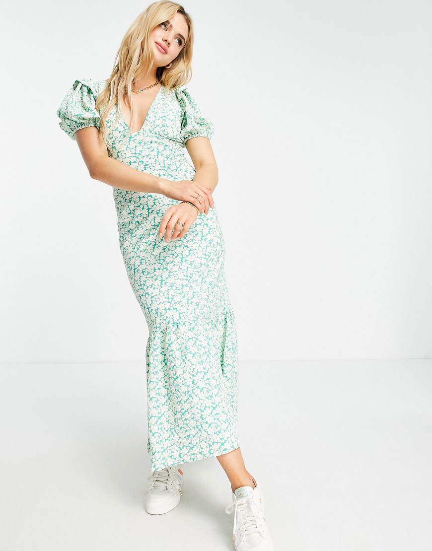 Fashion Union maxi tea dress in green floral with ruffle sleeves