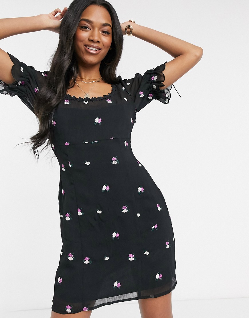 Fashion Union - Mesh mini-jurk met geborduurde bloemen-Zwart