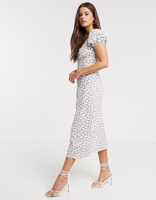 Fashion Union midaxi dress with puff sleeve in ditsy rose floral