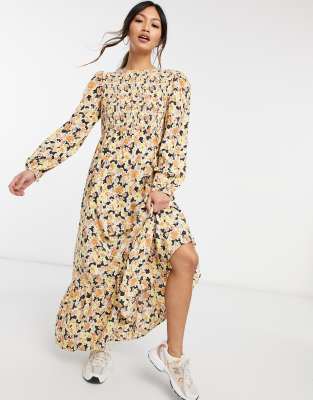 Fashion Union midaxi dress with shirred bodice and tiered skirt in floral-Multi