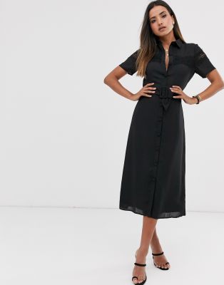 Fashion Union midi button down shirt dress with lace panel and belt | ASOS