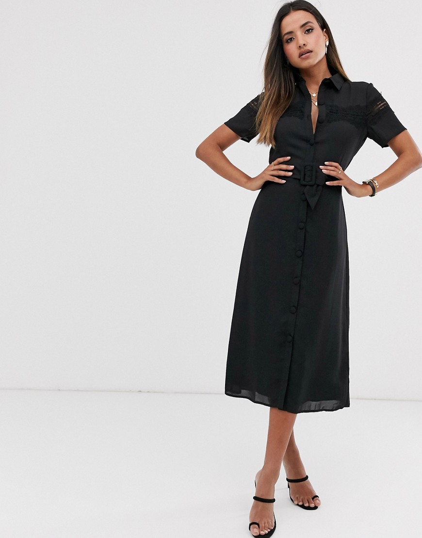 Fashion Union midi button down shirt dress with lace panel and belt-Black
