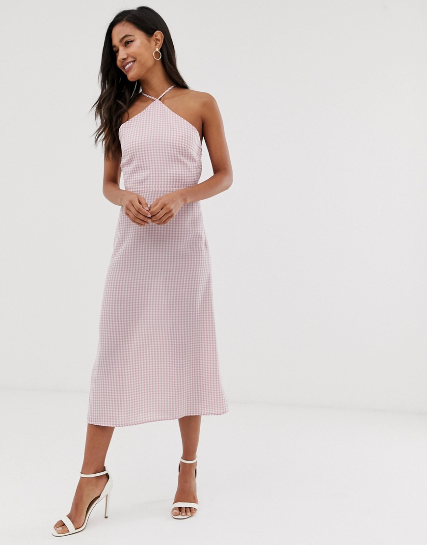 Fashion Union midi dress with high halter neck in gingham-Pink