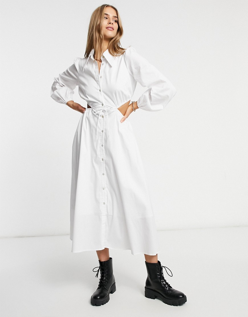 Fashion Union midi shirt dress with cut outs in poplin-White