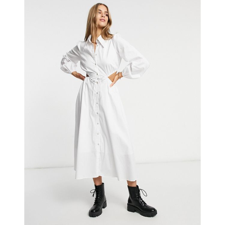 Merabelle Midi Dress - Side Cut Out Collared Long Sleeve Shirt Dress in  White