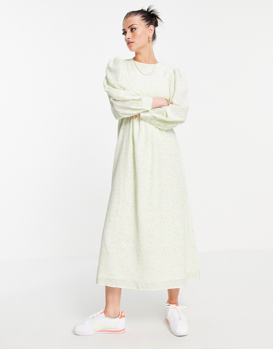 Fashion Union midi smock dress with balloon sleeves in lime floral-Multi