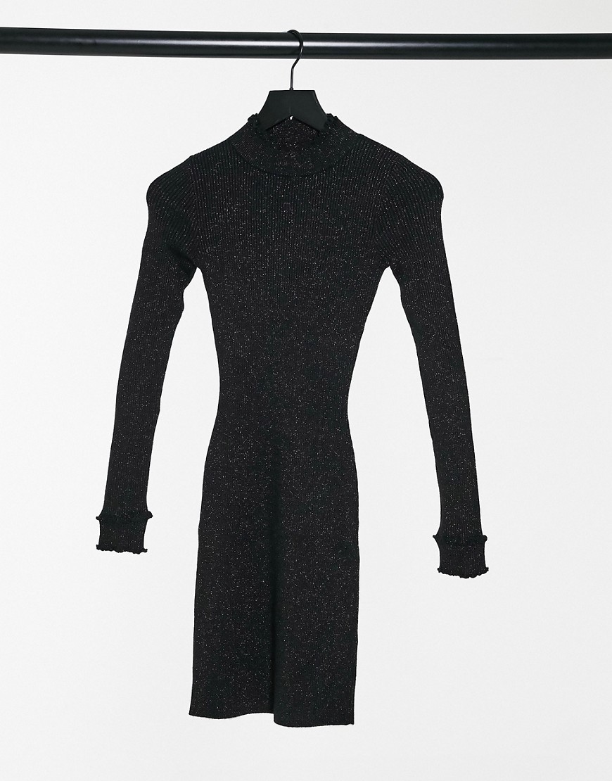 Fashion Union mini dress with high neck in glitter knit-Black