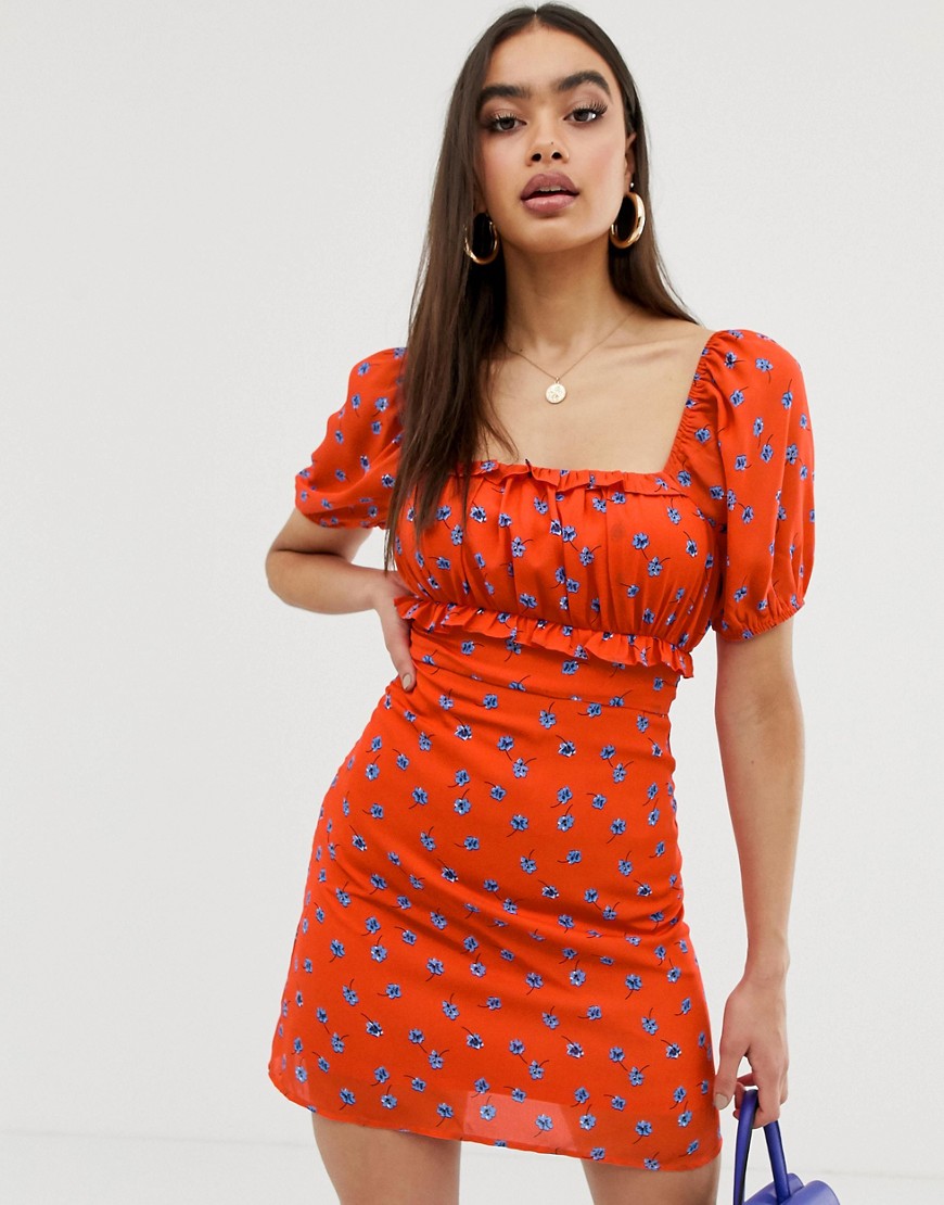 Fashion Union - Mini-jurk met ruches in bloemenprint-Rood
