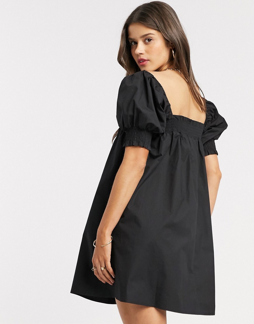 Fashion Union - Mini-jurk met vierkante hals en pofmouwen-Zwart