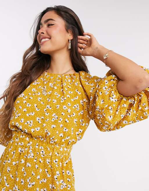 Fashion Union mini puff sleeve dress in yellow spot floral | ASOS