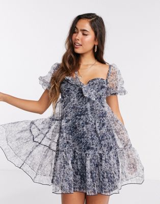 Fashion Union mini smock dress in floral organza - ASOS Price Checker