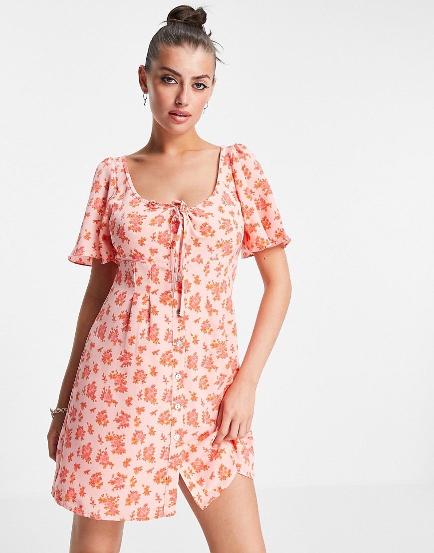 Fashion Union Mini Smock Dress With Frill Sleeves In Vintage Floral-pink